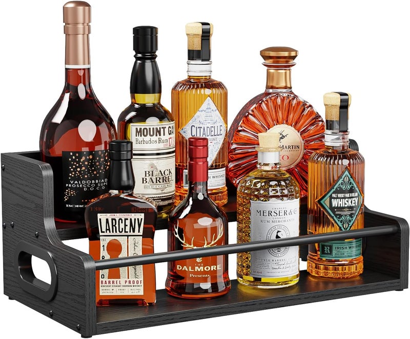 KLM Liquor Bottle Display Shelf, Coffee Syrup Rack Organizer, 2 Step Countertop Liquor Wine Rack, Mini bar,Liquor Cabinet, Home Retro Bar Shelf Stand for Liquor Whiskey, Spirits, (Black) - Image 1